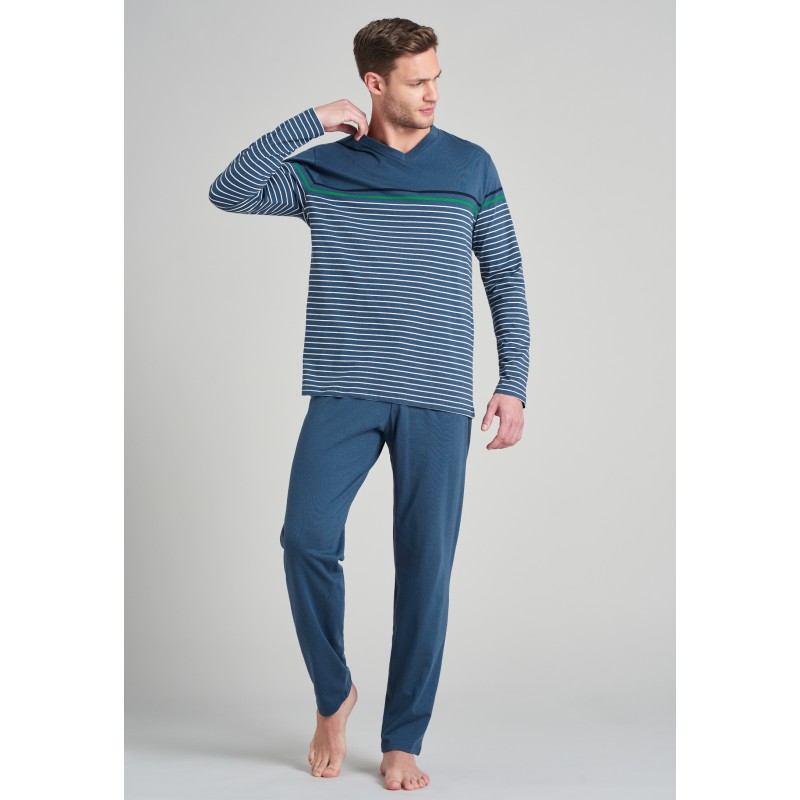 Schiesser heren pyjama  V-hals .Jeansblauw Fashion Nightwear