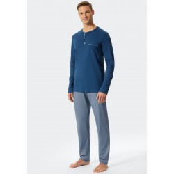 Schiesser pyjama H lang fijn interlock knoopsluiting met patroon blauw- Fine Interlock