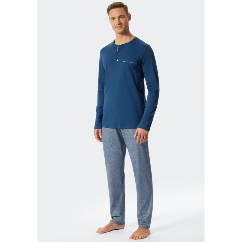 Schiesser pyjama H lang fijn interlock knoopsluiting met patroon blauw- Fine Interlock